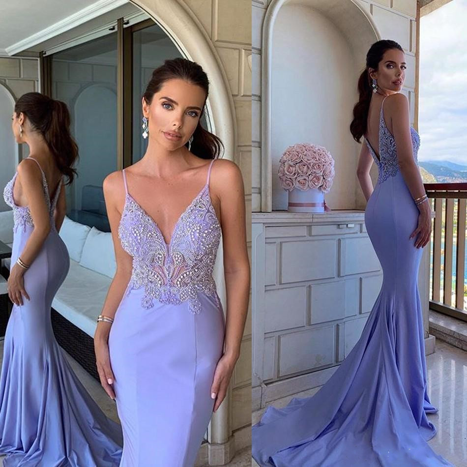 2020 cristal perlé sirène robes de bal sexy spaghetti dos nu en satin élastique robe de soirée arabe Dubai cocktail formelle Robes