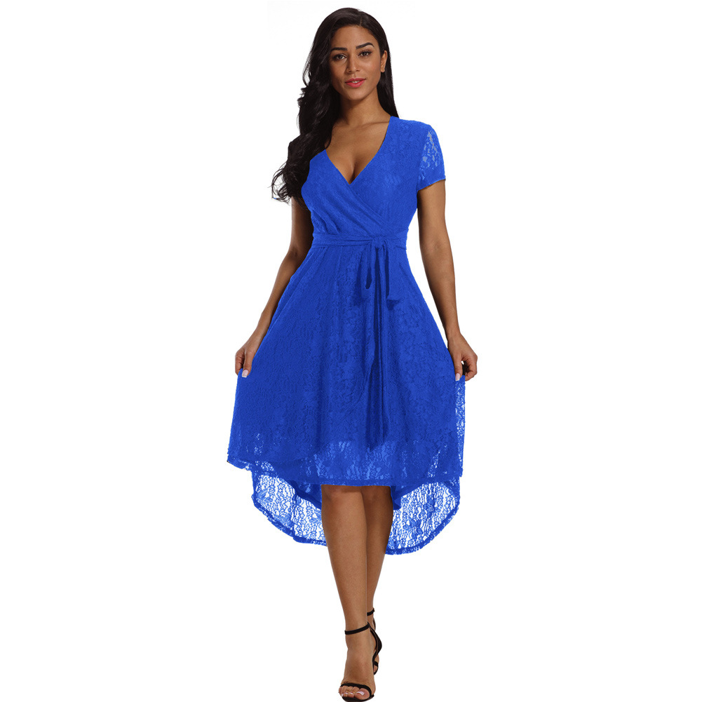 

Mid-Calf Women Lace Dress V Neck Women Dresses Asymmetrical Clothes 2018, Black