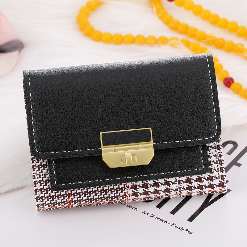 

PU leather female wallet women fashion short contrast color coin purse golden buckle clutch card bag student mobile phone bag, Black