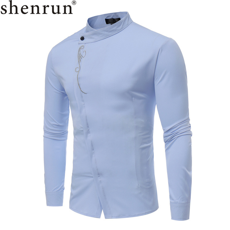 

Shenrun Men Fashion Shirts Long Sleeve Stand Up Collar Slant Closure Embroidery Casual Wedding Groom Dress Shirt Party Prom Ball, Black
