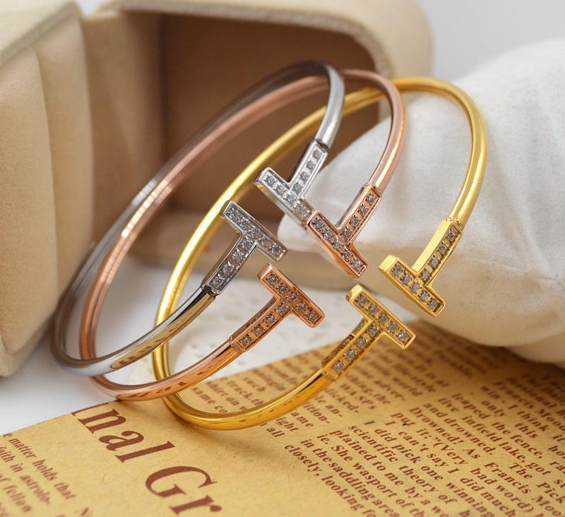 

Stainless Steel silver cuff bracelet microscope zircon double T letter opening 18 k rose gold plated bracelets bangle for women fashion jewelry