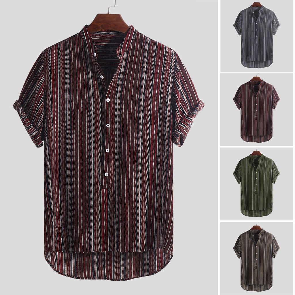 

Mens Summer Striped Buttons Breathable Short Sleeve Casual Henley Shirts M-3XL Classic Fashion Personality Causal Shirt, Wine red