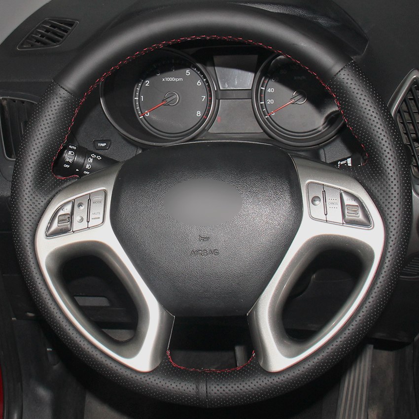 Black Natural Leather Car Steering Wheel Cover for Hyundai ix35 Tucson 2 2011-2015-image-440793100