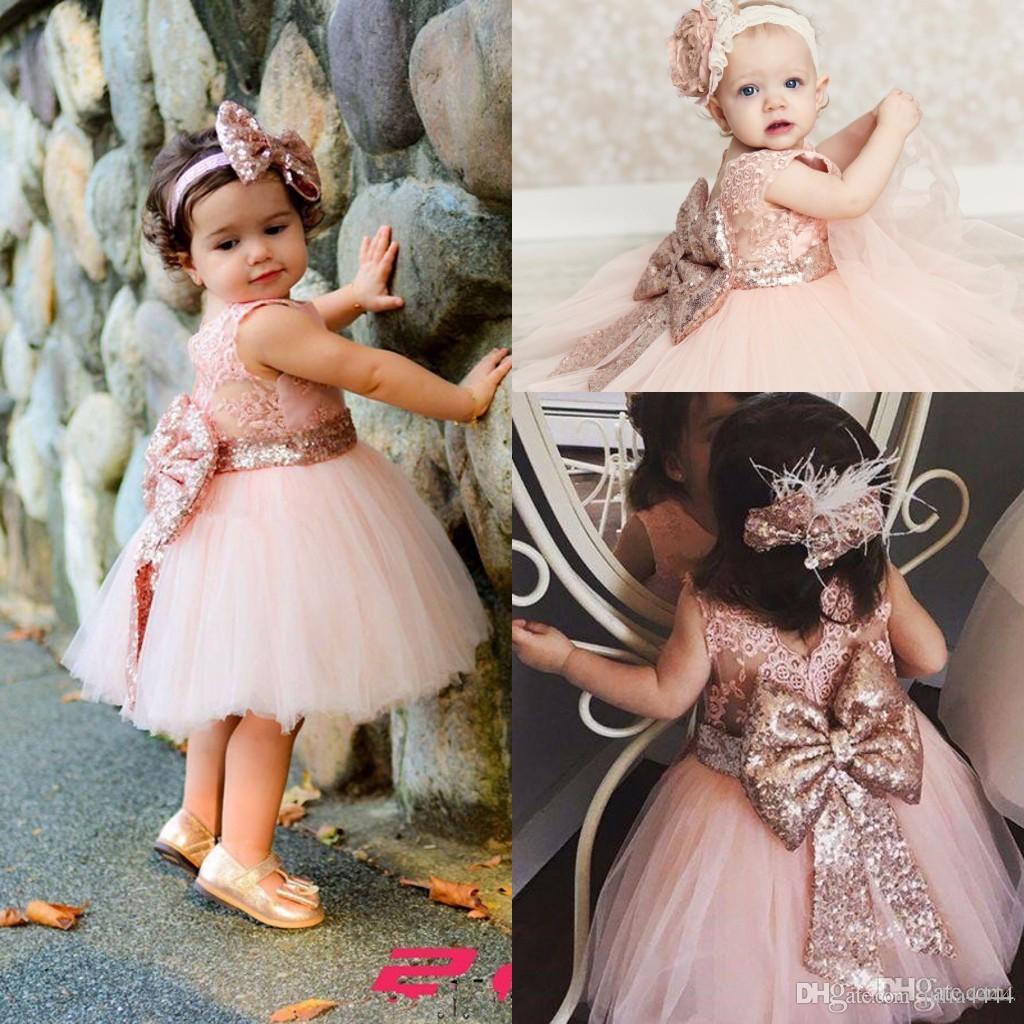

Baby Infant Toddler Birthday Party Dresses Blush Pink Rose Gold Sequins Bow Lace Crew Neck Tea Length Tutu Wedding Flower Girl Dresses, Grape