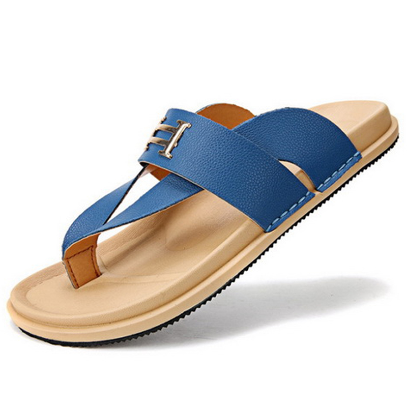 

2016 Fashion PU Men Flip Flops EU 39-44 New Summer Design Metal Deco Man Beach Casual Sandals & Flat Shoes Blue / Orange, Sky blue