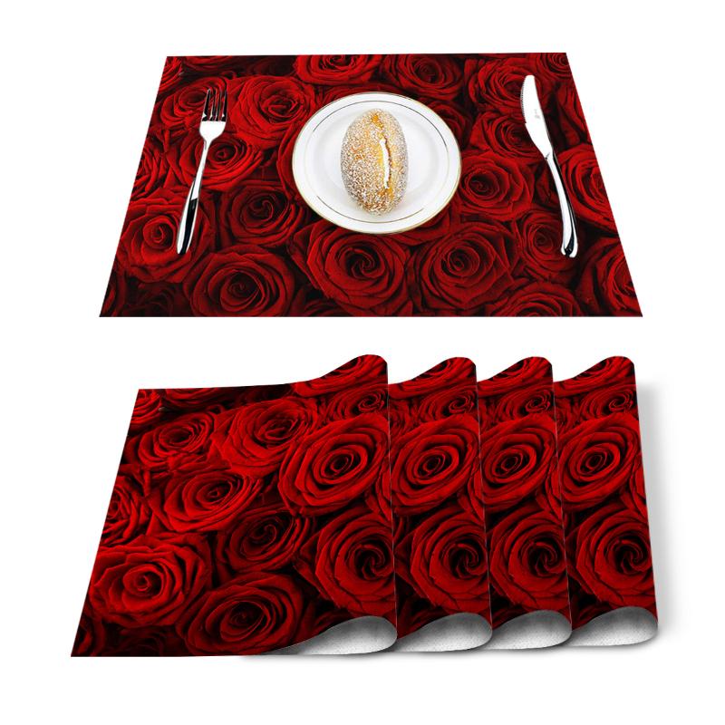 

4/6 Pcs Placemat Table Mat Rose Flower Printed For Tables Heat-insulation Linen Cotton Kitchen Dining Pads Placemats Set