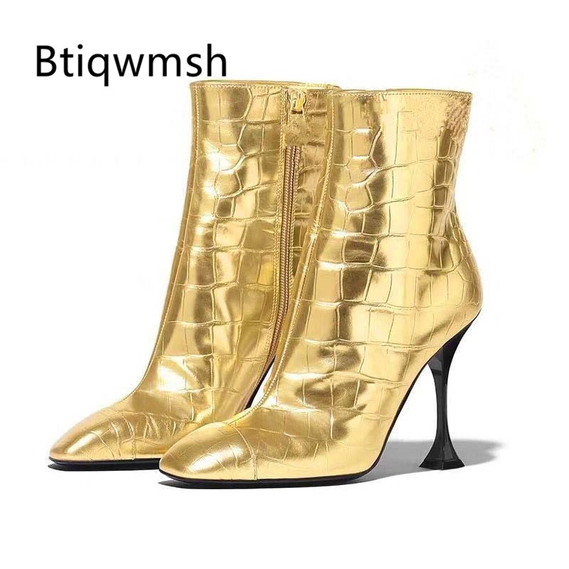 

2019 Gold Design Ankle Boots Women Point Toe Crocodile Pattern Leather Strange High Heel Shoes Woman Sexy Boots, Black
