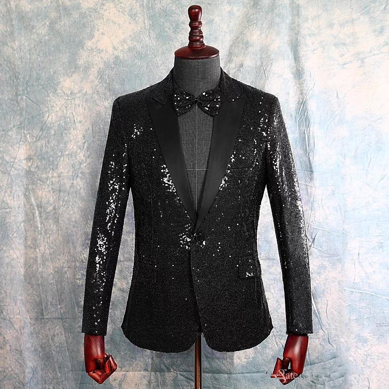 

New Sequins Black Men Suits For Wedding Peaked Lapel Groom Wear Tuxedos One Button Prom Party Blazer Suit Only One Jacket 730, Navy