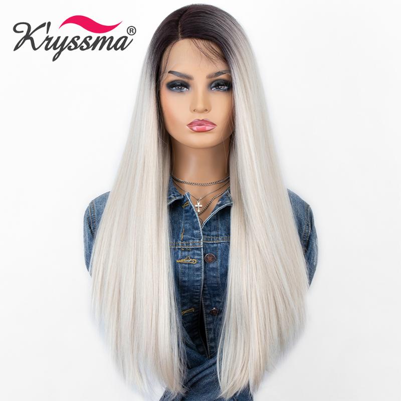 

Kryssma Ombre Platinum Blonde Lace Front Wig Long Straight Synthetic Wigs For Women Cosplay Wigs Mixed Purple Yellow Black Wig, Style 1