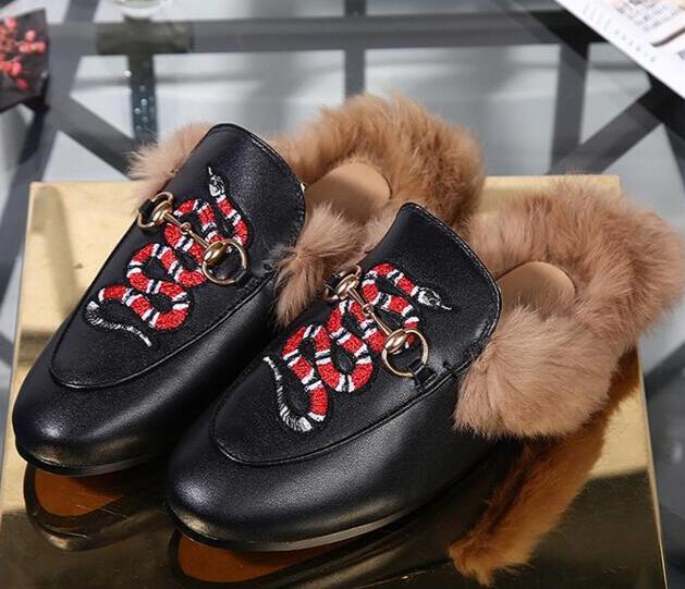 

Hot Designer Horsebit Plush Wool Slippers Fashion Bee Tiger Casual Shoes Loafer Shoes Moccasins Classic Women Shoe, Black