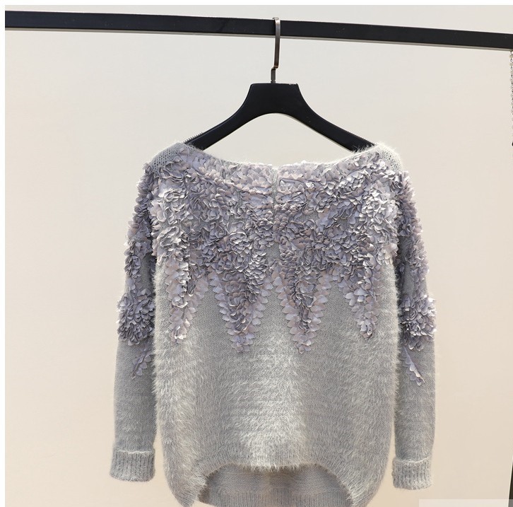 

New arrival word collar lace flower mohair sweater female sweet girl style spring autumn winter loose sweater top, White