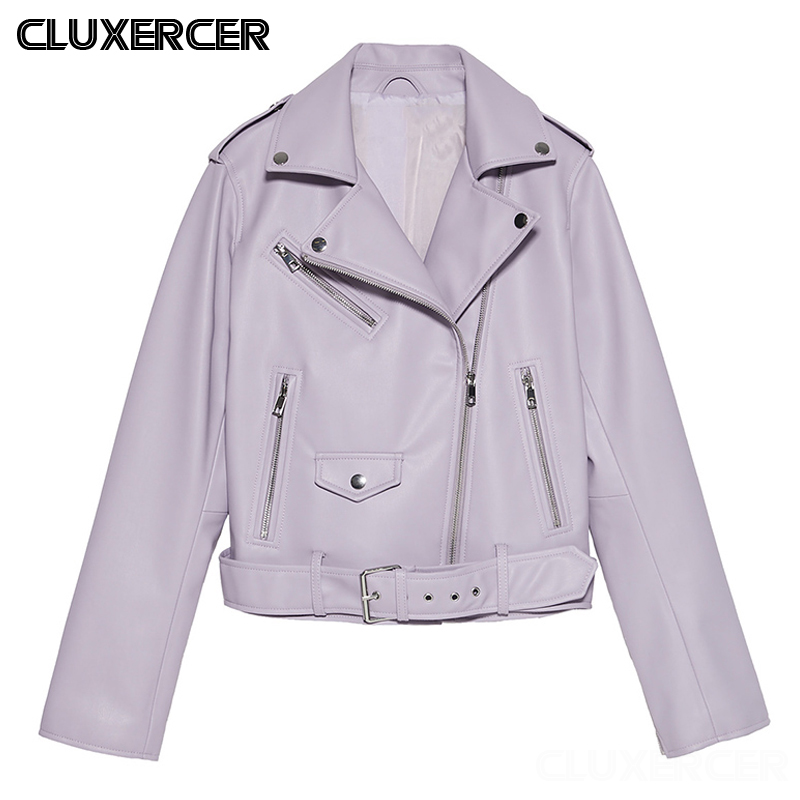 

2020 New Fashion Women Spring Autumn Purple Faux Leather Jacket Lady With Belt Bomber Motorcycle Coat Outerwear, Black