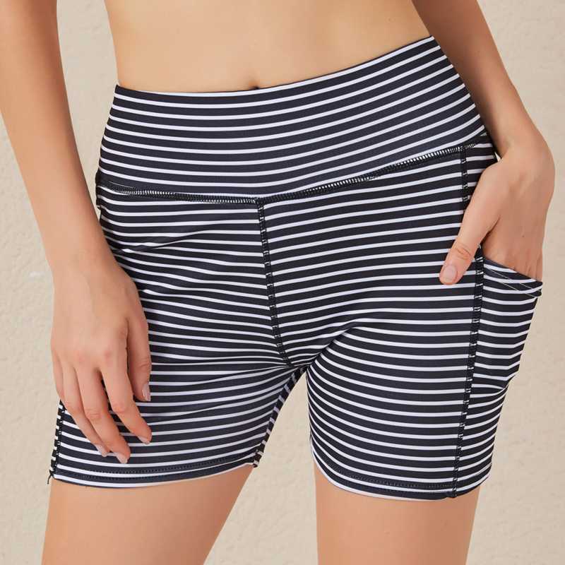 

Women' Sports Shorts Fashion High Waist Workout Running Fitness Side Pocket Striped Quick Dry Sports Shorts, Black