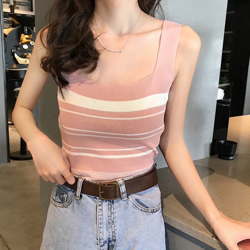 

FEMALE Striped Knitted Camisole Sexy Block Casual Slim Square Neck Tank Top