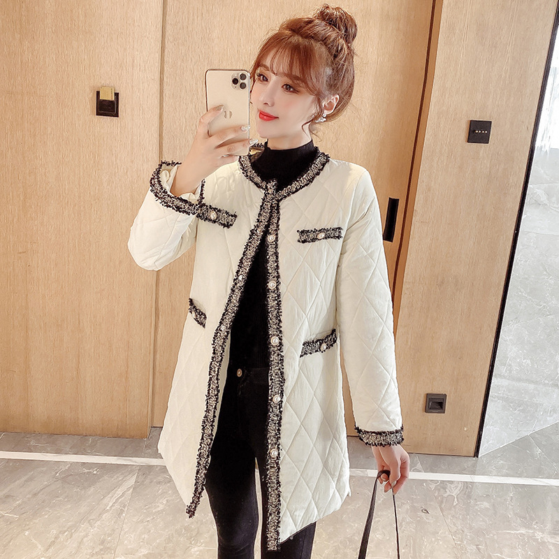 

New Style Winter Women Temperament Round Collar Fashion Down Cotton Coat Slim Medium Long Female Outerwear Lady Elegant L716, White