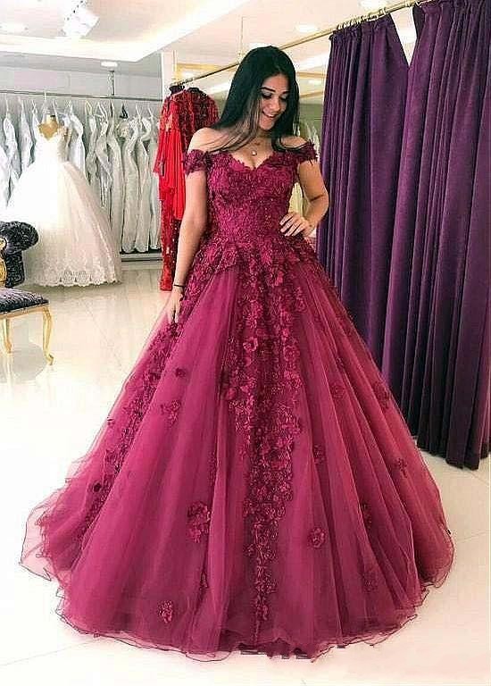 

2020 Elegant Off-the-shoulder Arabic Long Prom Party Gowns Plus Size Burgundy Lace Flowers Sequins Prom Dresses Ball Gown Evening Gowns, Purple
