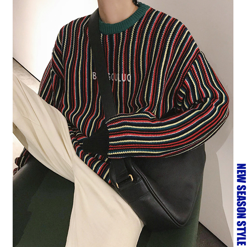 2018 Winter New Hong Kong Style Wild Men's Pullover Style Rainbow Stripes Print Thickening Casual Sweater Men's O Neck M-XL