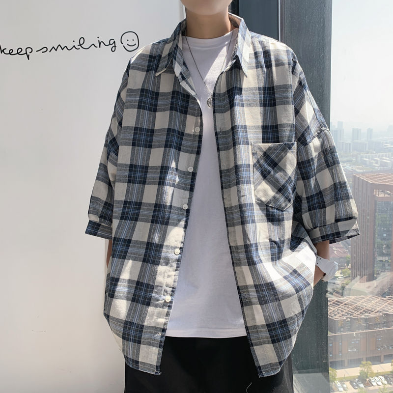 

Summer Plaid Shirt Men's Fashion Retro Cotton Casual Shirt Men Streetwear Wild Loose Loose Sleeve Mens Dress -2XL, Blue