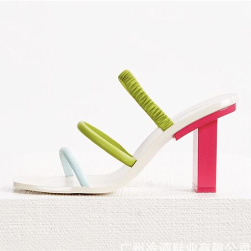 

Pink Square Heel Runway Women Slippers Mixed Colors Narrow Band Female Slides Out Side Square Open Toe Sandals Women Shoes 2020, As picture