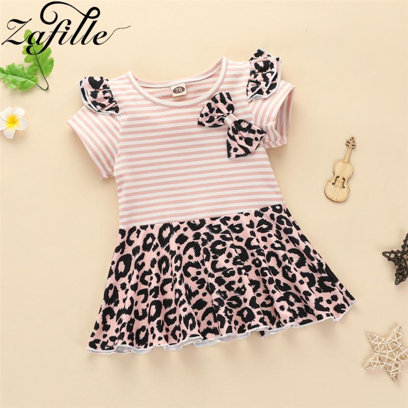 

ZAFILLE 2020 Baby Girl Summer Dress Patchwork Leopard Toddler Kids Clothes Short Sleeve Striped Girls Dress Casual Baby Clothing