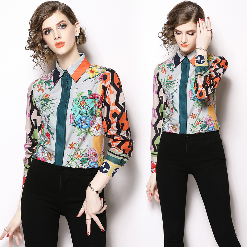 

New Arrival Spring Summer Fall Runway Chic Vintage Print Collar Button Front Long Sleeve Women Ladies Casual OL Party Tops Shirt Blouse 3095, White