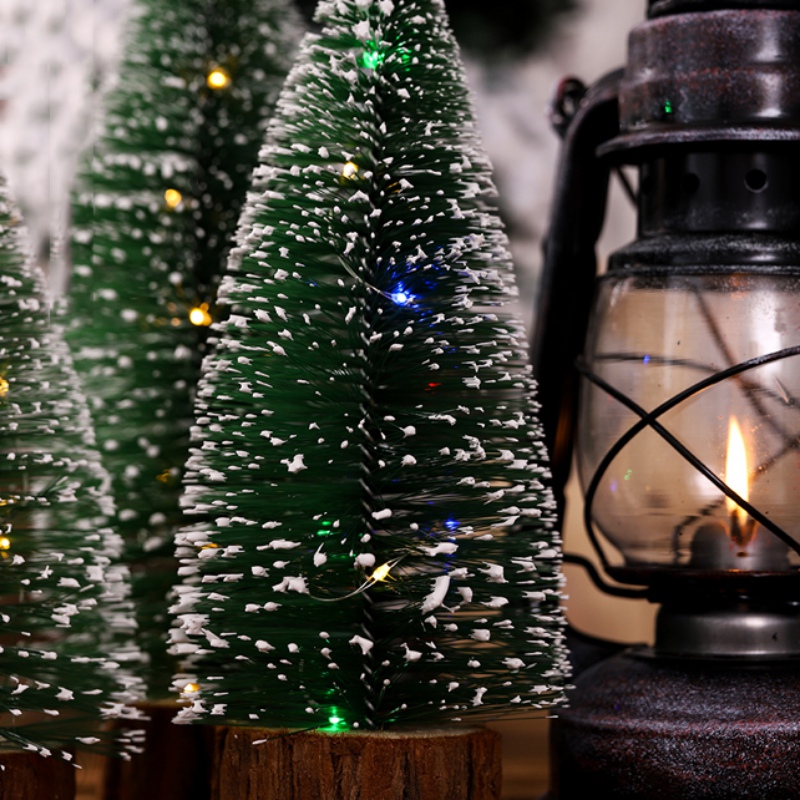 

DIY Christmas Tree Fake Pine Tree Mini Sisal Bottle Brush Christmas Santa Snow Decoration Lights