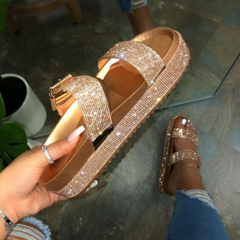 

Summer Beach Bling Bling Crystal Rome Ladies Sandals Rhinestone Platform Mixed Color Cutouts Wedges Women Sandals Shoes Woman, Gold