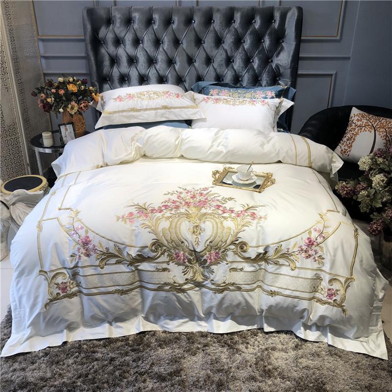 

Egyptain Cotton White Duvet Cover Bed sheet set Embroidery Bedding Set Queen king size Fitted sheet Bed parure de lit, Color 1