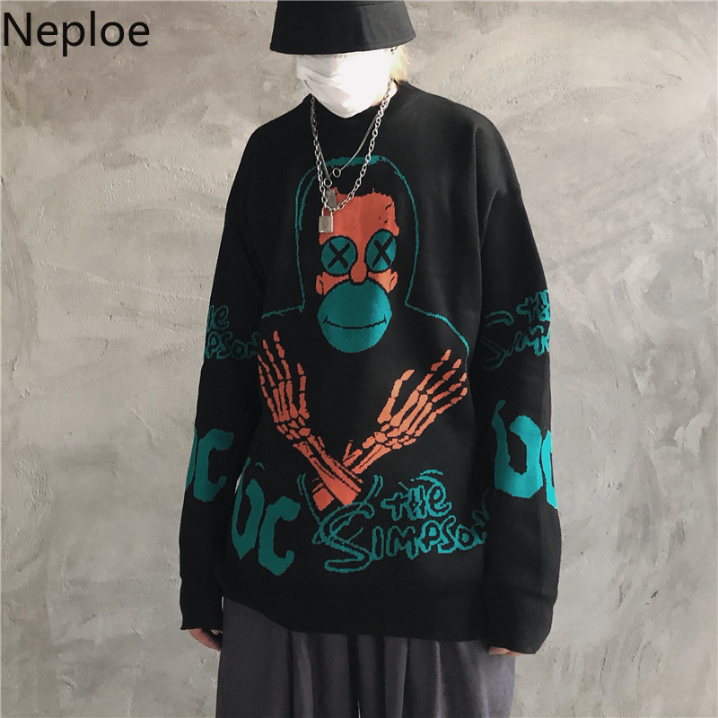

Neploe Ghost Jacquard Pullover Knitwear Retro Thick Women Men Causal Sweater Harajuku Oversized Knit Tops Bf Pull Jumpers 55029, Black
