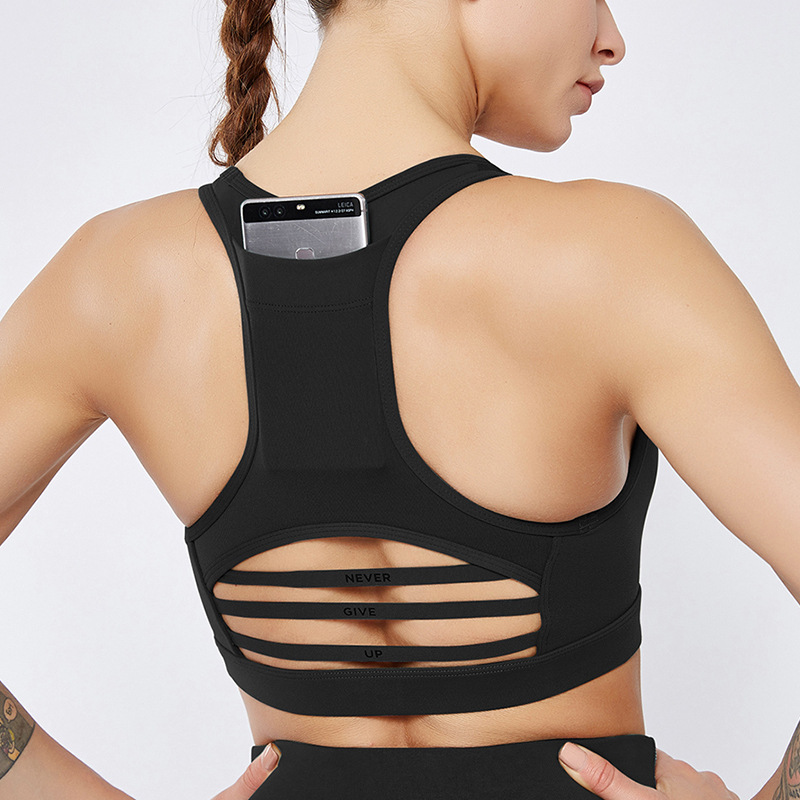 

Seamless Back Phone Pocket Women Active Wear Shockproof Crossbar Mesh Stitching Sports Bra Athleisure, Purple