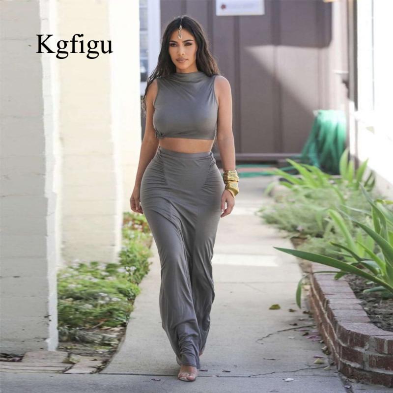 

KGFIGU kim kardashian gray outfits women tank tops and long skirts sets 2019 Summer 2 piece outfits two piece skirt set, Beige