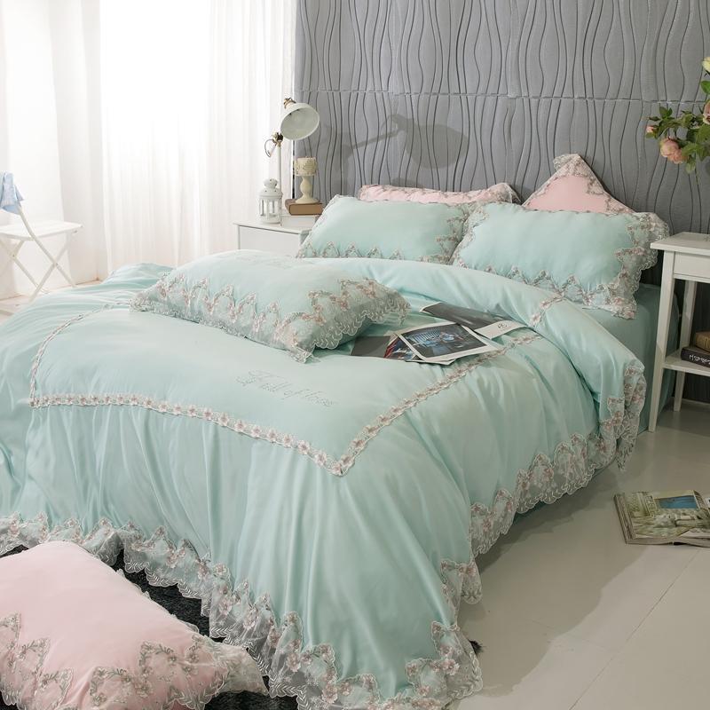

Pink green girls princess cotton lace bedding set queen king size bed set duvet cover bedsheet beddingsets pillowcase, Bedding set 1
