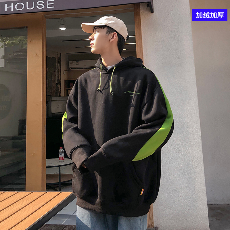 

2019 Autumn Korean Version Of The Men's Long-sleeved European And American Color Matching Loose Casual Hooded Pullover, Black