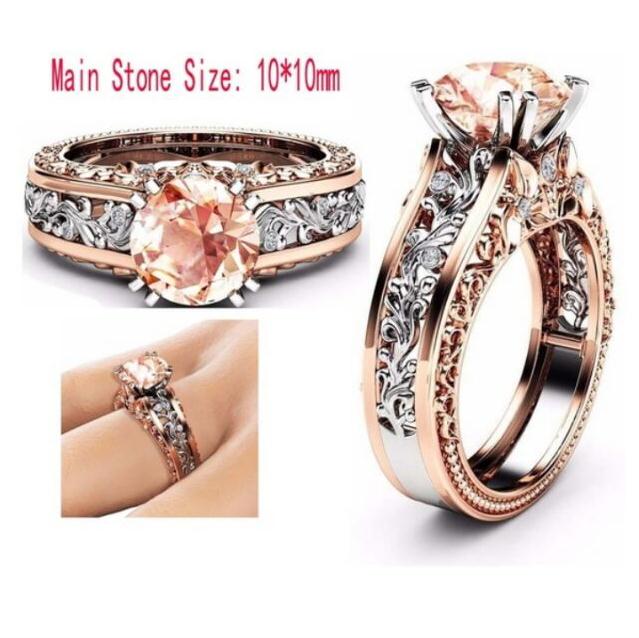 

10mm round cut rose& white gold plated 925 sterling silver champagne&white topaz bridal engagement two tone gold ring size 5-11