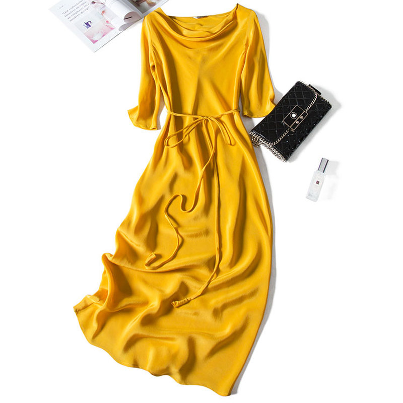 

2020 Natural Silk Dress Yellow Normcore/Minimalist Sashes Ankle-Length 3/4 Sleeve Elegant Dresses for Women Designer Clothing, Beige