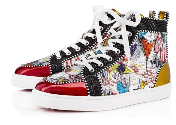 

2019 New Season Red Bottom Sneakers Glitter Stass Men Shoes Luxury Print Silver Pik Pik No Limit RARE studs and rhinestones graffiti Men's, Black