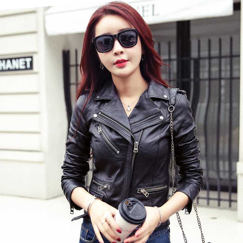 

2019 New Design Women Leather Jacket Turn-down Collar Slim Black Female Outwear Coat Ladies With Belt Jackets