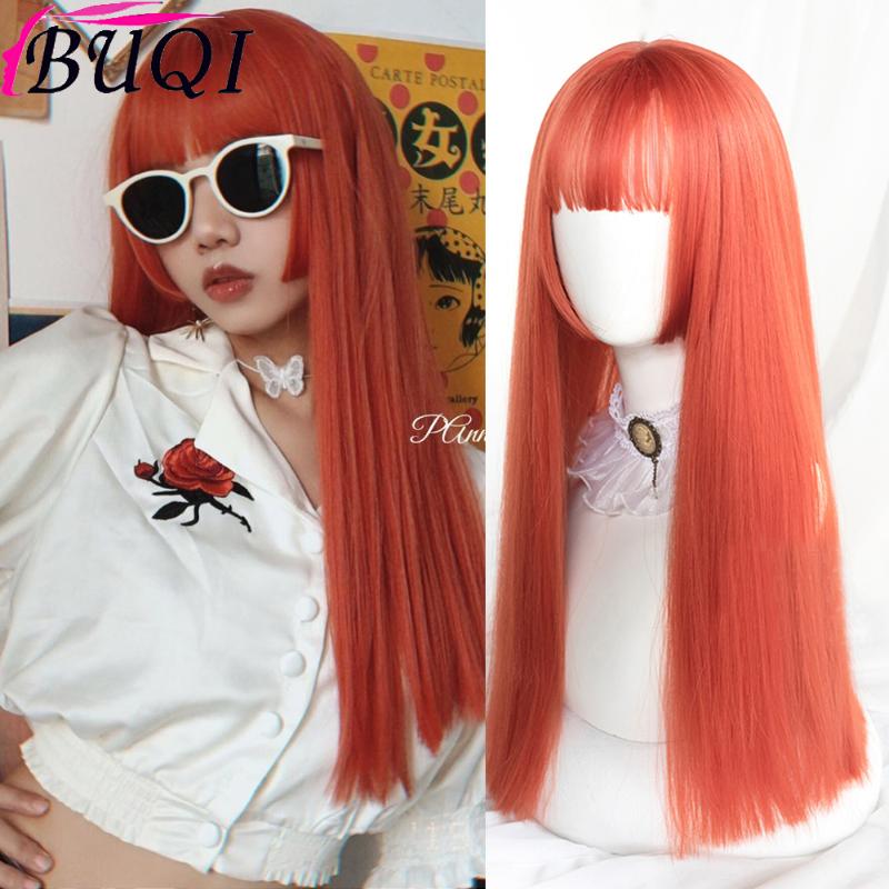 

BUQI WIGS Female Red Orange Color Straight Synthetic With Bangs For Women's Wig Cospaly Party Daily Halloween Lolita Free Ship, T1b/613