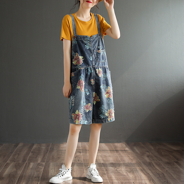 

Large size Jumpsuits Retro Women Summer Loose All-match Rompers Ladies 2020 New Print pocket Spliced Casual Denim Jumpsuits, Photo color