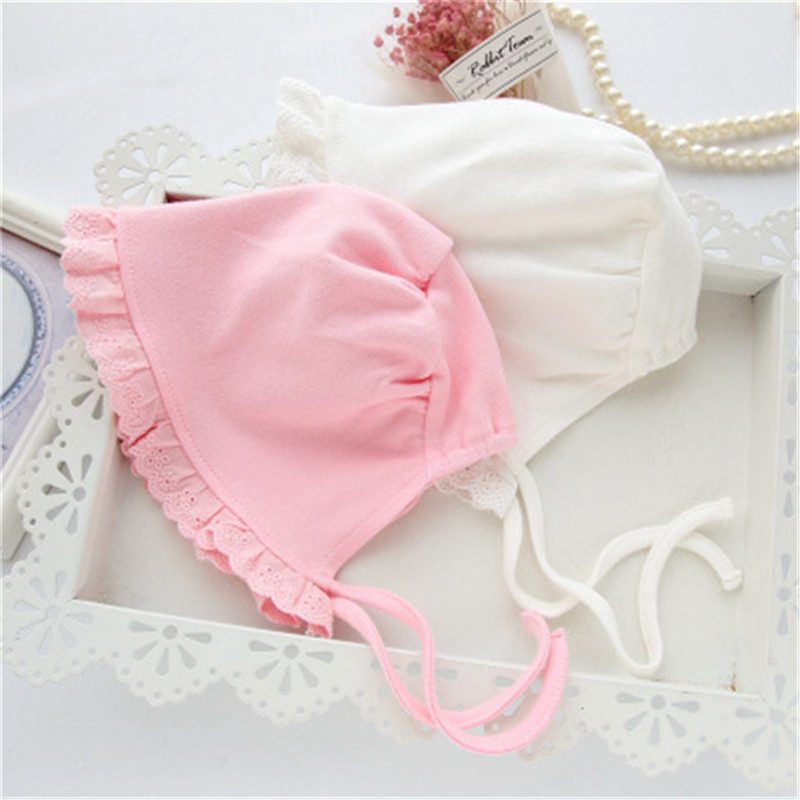 

Baby Girl Hats 100% Cotton Solid Color Baby Hats & Caps For 0-6 Months Newborn Babies Knitted Hat with Lace Flowers, White