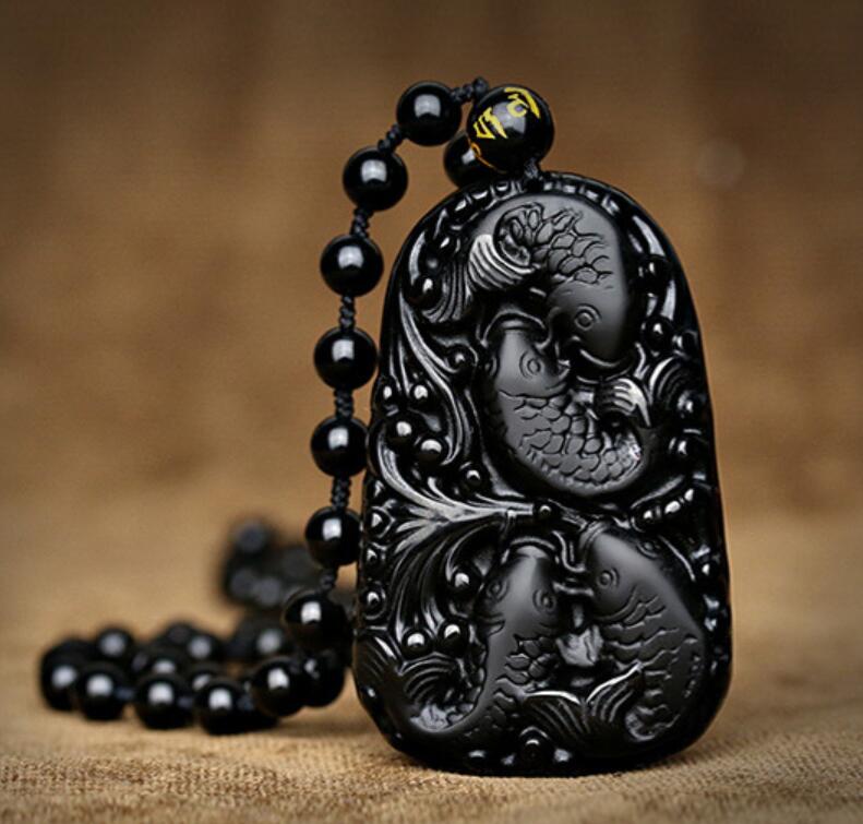 Natural Ice Kind Obsidian Four Seasons Fish Pendant