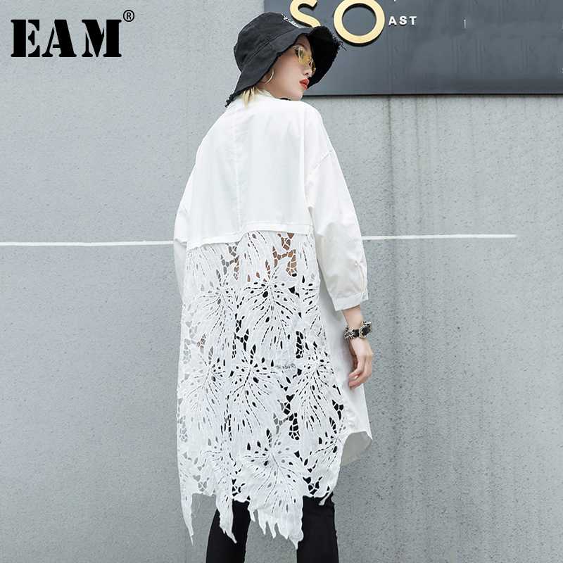 

EAM]2020 New Spring Autumn Stand Collar Long Sleeve Back Lace Hollow Out Spliced Big Size Shirt Women Blouse Fashion Tide JR835, Black