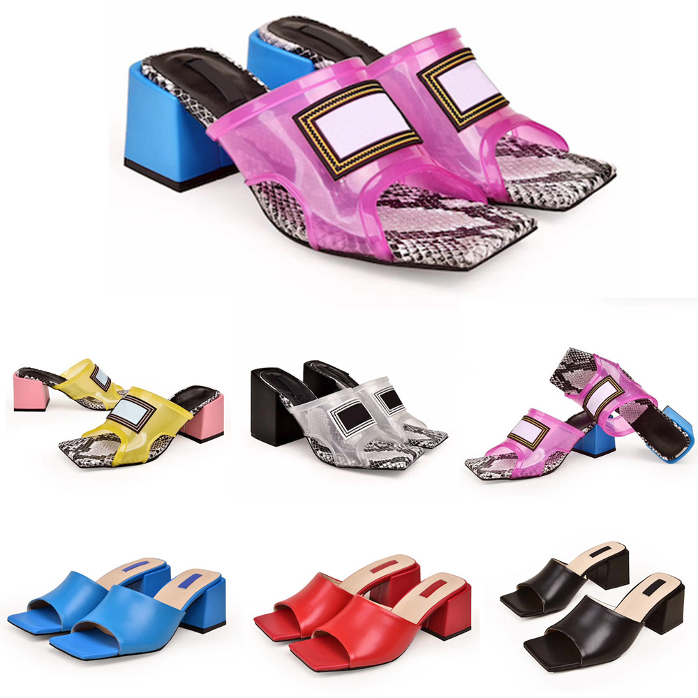 

2020 Luxury Designer Women PVC Transparent Slipper Designer Sandals Genuine Leather Fancy Shoes High Heel Mules Slides Luxury Slippers, Pink/yellow