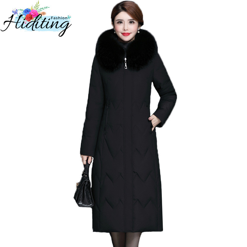 

Women Down Jacket Winter High Quality Thick Warm Overcoat Large Fur Collar Hooded Jackets Middle-aged White duck down Coat WIN18, Black