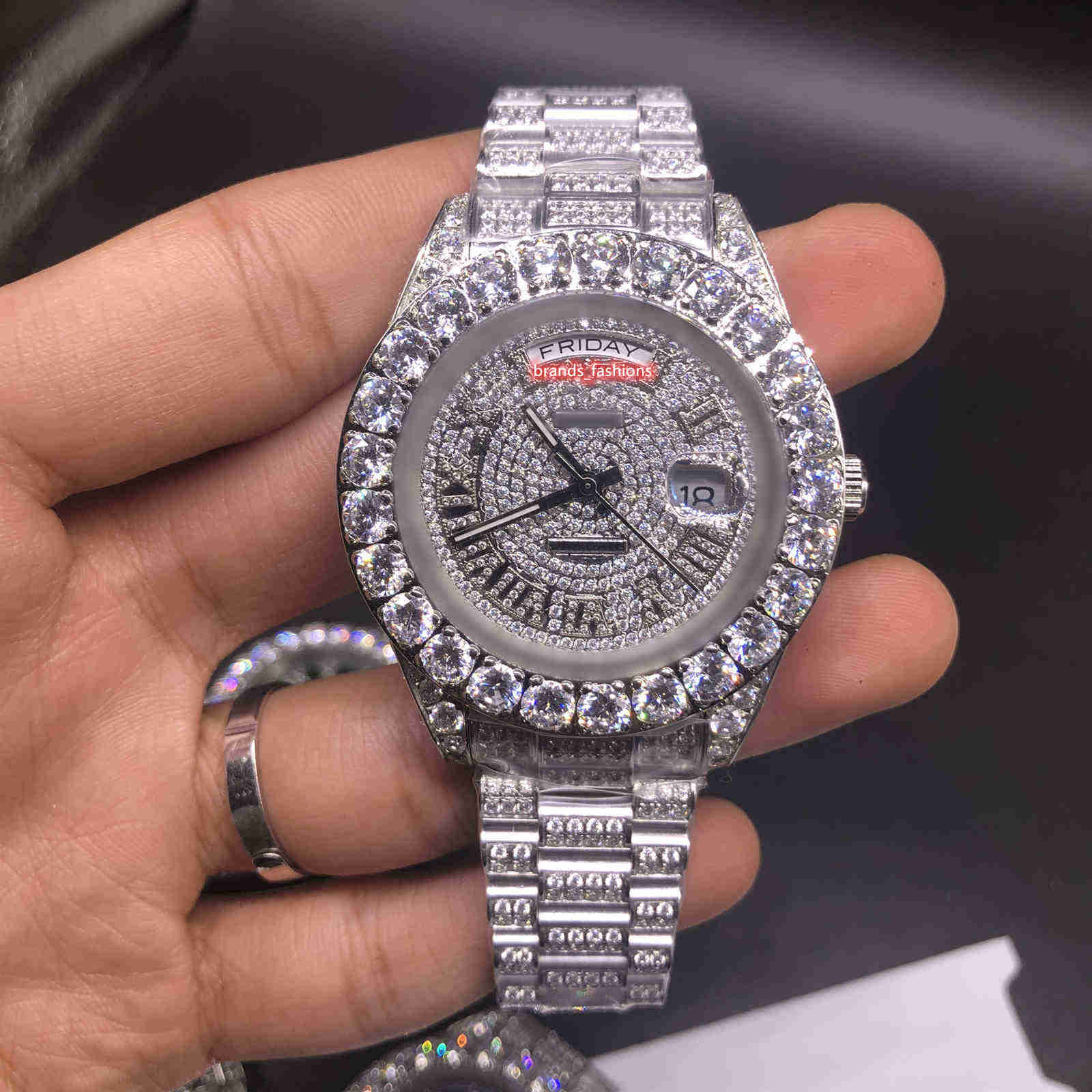 

Automatic Mechanical Men's Fashion Watch Diamond Face Watch Prong Set Diamond Wristwatch Stainless Steel Diamond Watches, Silver