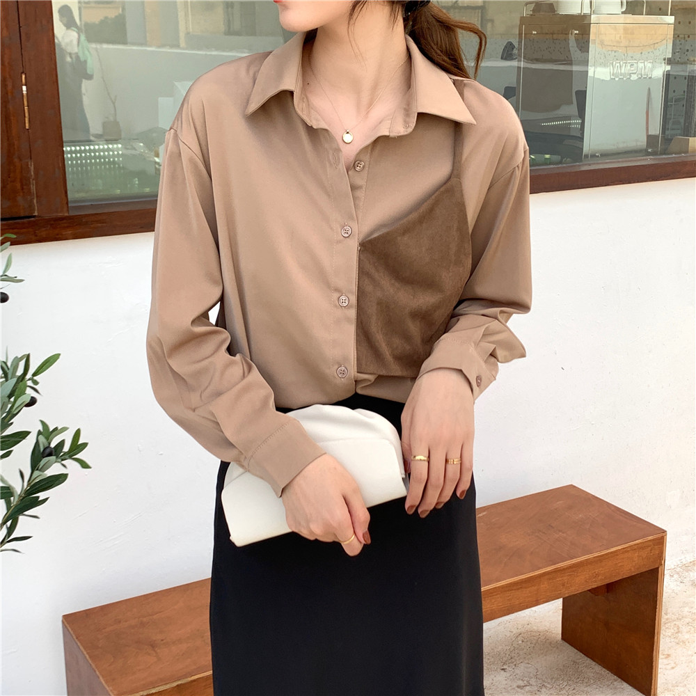 

QoerliN Patchwork Suede Blouse Women Winter Long Sleeve Loose Casual Turn-Down Collar Single-Breast Buttons Korean Blusa Femme, Green