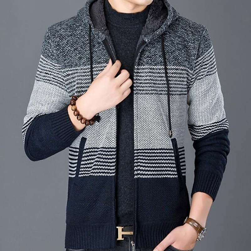 

Assorted Colors Winter Men Sweaters With Brushed Men's Thick Sweater Male Knit Coat Tops Warm Long Sleeve Casual Hoodies, Blue