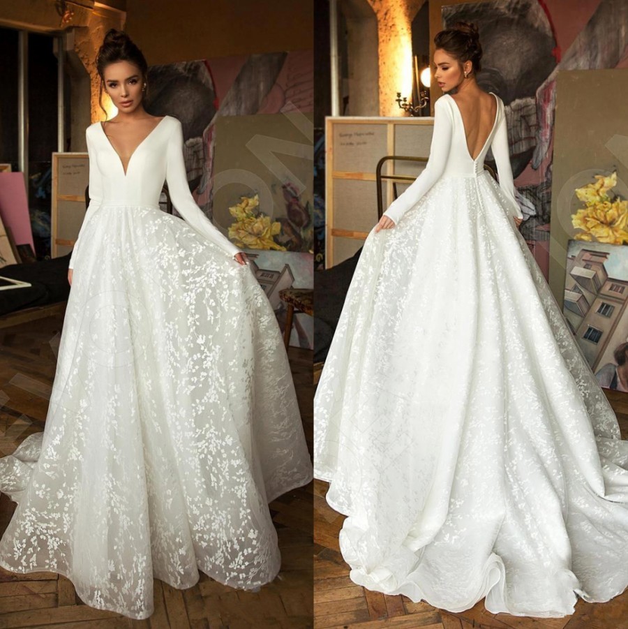 

Fabulous Lace Backless Wedding Dresses Deep V Neck A Line Long Sleeves Bridal Gowns Sweep Train robe de mariée, Gold
