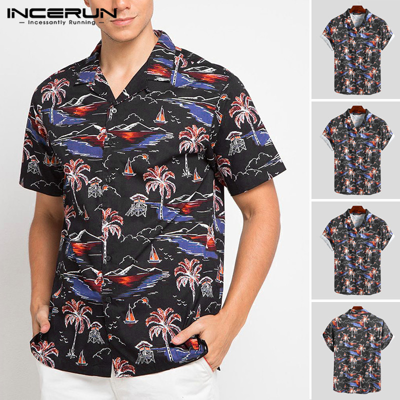 

Men Short Sleeve Turn Down Collar Printed Shirt Summer Hawaiian Shirts Man Fashion Breathable Blouse Causal Buttons Tops -3XL 7, Black