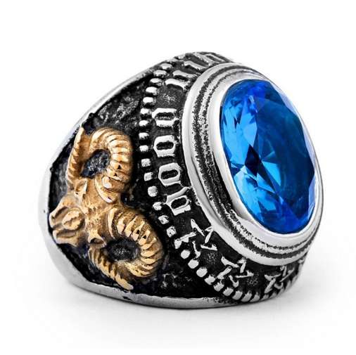 

1 PCS Big Sheep Goat Horn Head Finger Ring Blue Crystal Stone Inverted Pentagram For Women Men Biker Punk Animal Hip Hop Jewelry